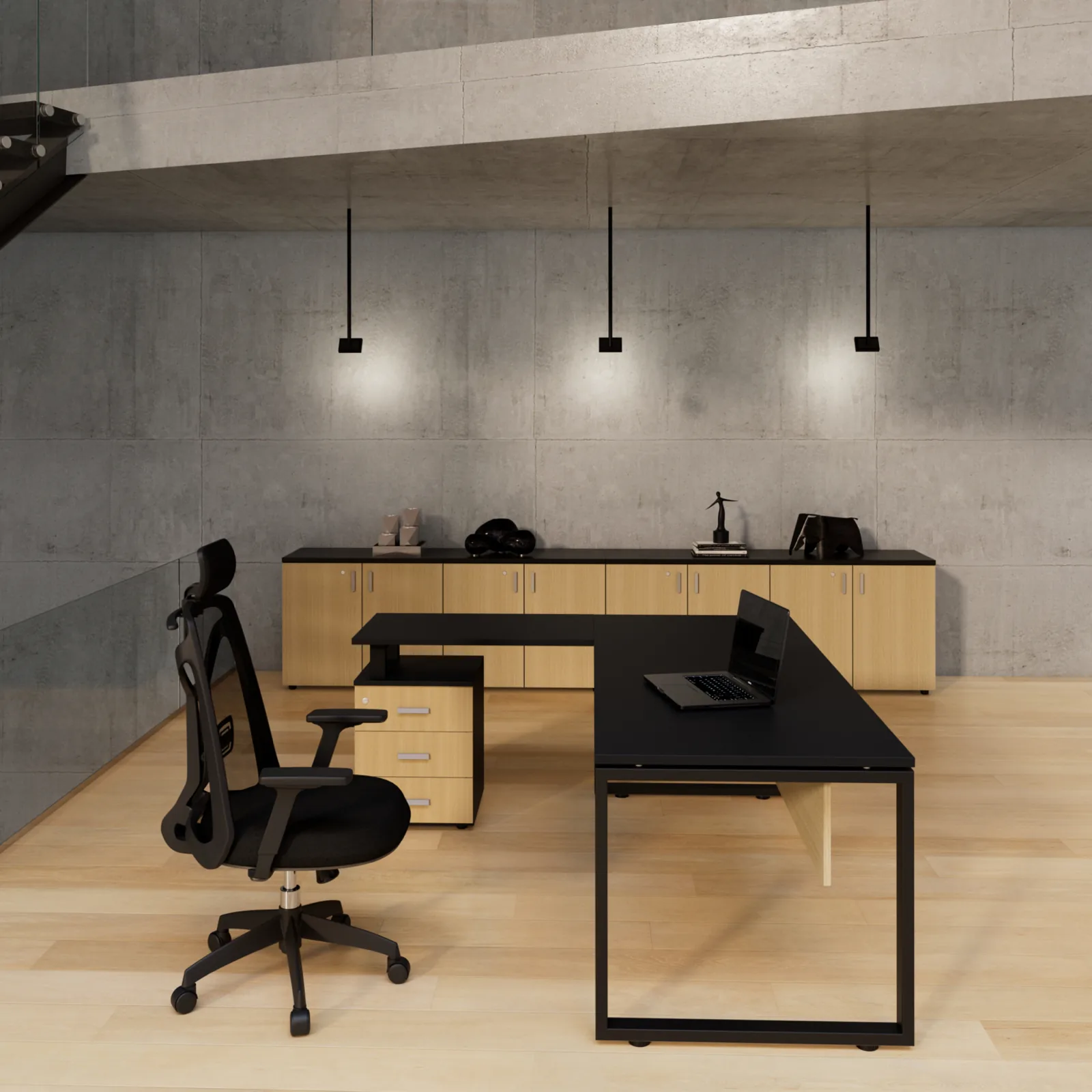 Puesto de trabajo con extension con cajonera 3 cajones y pantalla colgante 1